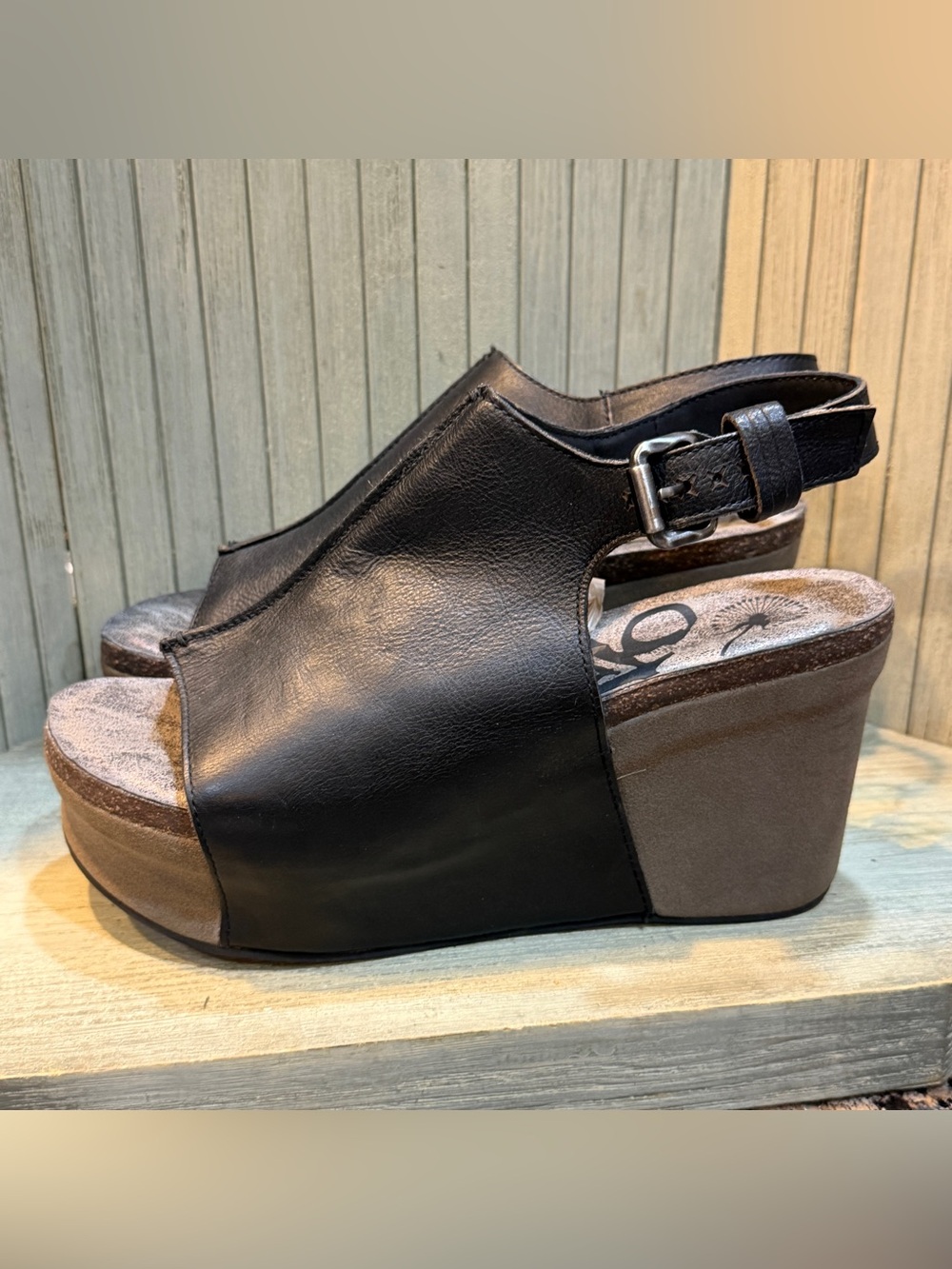 Otbt Black Leather Wedge Sandals - Women's Platform Slingback 9.5M